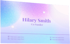 Faqs 3 Business card with a gradient background from blue to pink, featuring the name "hilary smith" and the title "co funder" at the center.