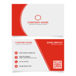 Personalised Visiting Card 1 Red and white business card template with geometric hexagon logo design. Front: hexagon logo, "company name," placeholder slogan on white background with red accent. Back: contact information, qr code, company details, and name "john smit" graphic designer.