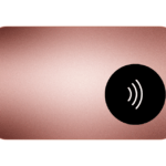 Metal Nfc Card 1 Metal nfc card. A rose gold card with a black circle containing a contactless payment symbol on the right side.