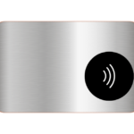 Metal Nfc Card 3 Rectangular metal card with rounded corners and a black circle containing wireless signal lines on the right side.