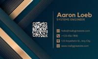 Business card for aaron loeb, systems engineer, with contact information including email, phone number, address, website, and a qr code on a dark geometric background with gold accents.