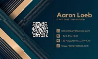 Business card for aaron loeb, systems engineer, with contact information including email, phone number, address, website, and a qr code on a dark geometric background with gold accents.