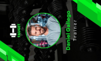 Id card with the name "daniel gallego" and the title "trainer," featuring a circular photo of a bearded man on a background of weights.