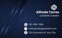 Business card of alfredo torres, content creator, with contact details: phone number 123-456-7890, email hello@reallygreatsite. Com, and address 123 anywhere st. , any city.