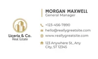 Liceria & co. Real estate business card for general manager morgan maxwell with phone number +123-456-7890, email hello@reallygreatsite. Com, website www. Reallygreatsite. Com, and address 123 anywhere st, any city, st 12345.