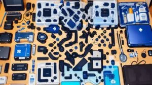 AI QR NFC Design 7 – Knolling Arrangement of Medical and Tech Accessories with QR & NFC