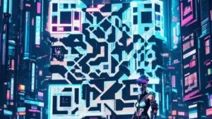 AI QR NFC Design 9 – Cyberpunk Scene with Neon QR Code and NFC
