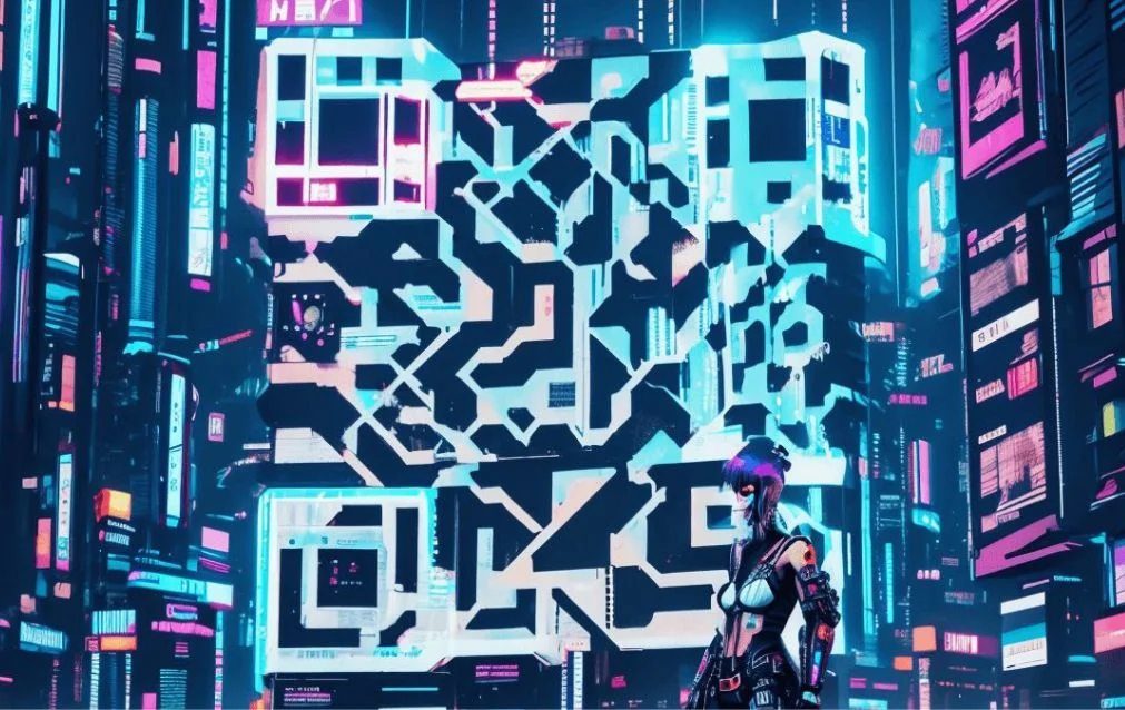 AI QR NFC Design 9 – Cyberpunk Scene with Neon QR Code and NFC