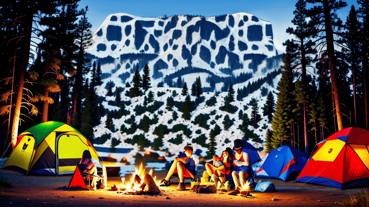 People sitting around a campfire surrounded by colorful tents, with a snowy, tree-lined mountain in the background.