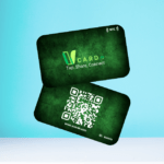 Two green VCarde NFC business cards against a blue background; one card shows a QR code, and the other displays the text "VCarde, Tap, Share, Connect."