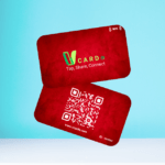 Red NFC business cards with "VCard: Tap, Share, Connect" text; one card has a QR code and website URL.