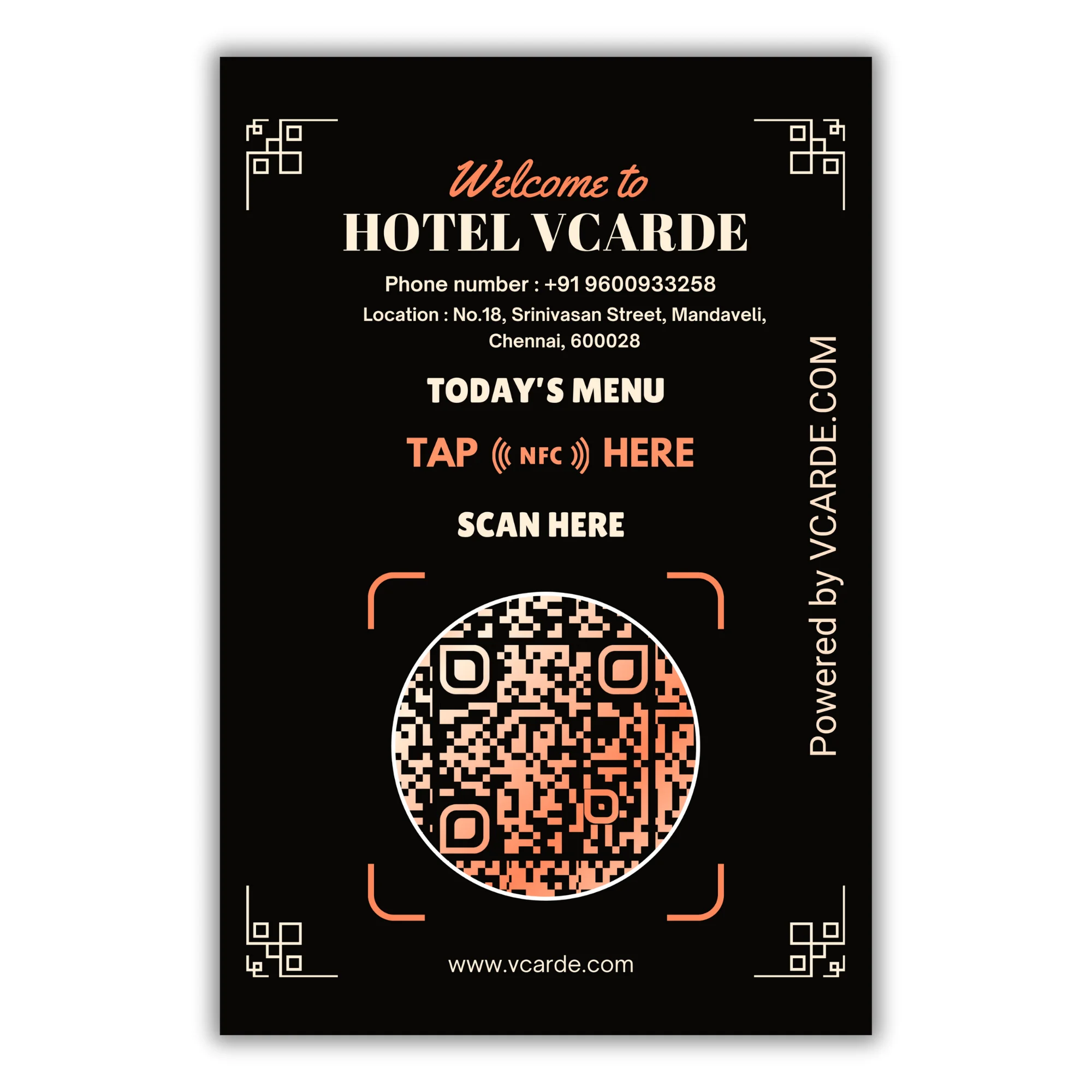 Welcome to Hotel VCarde menu poster with NFC and QR code for scanning, phone number, location details, and website URL.