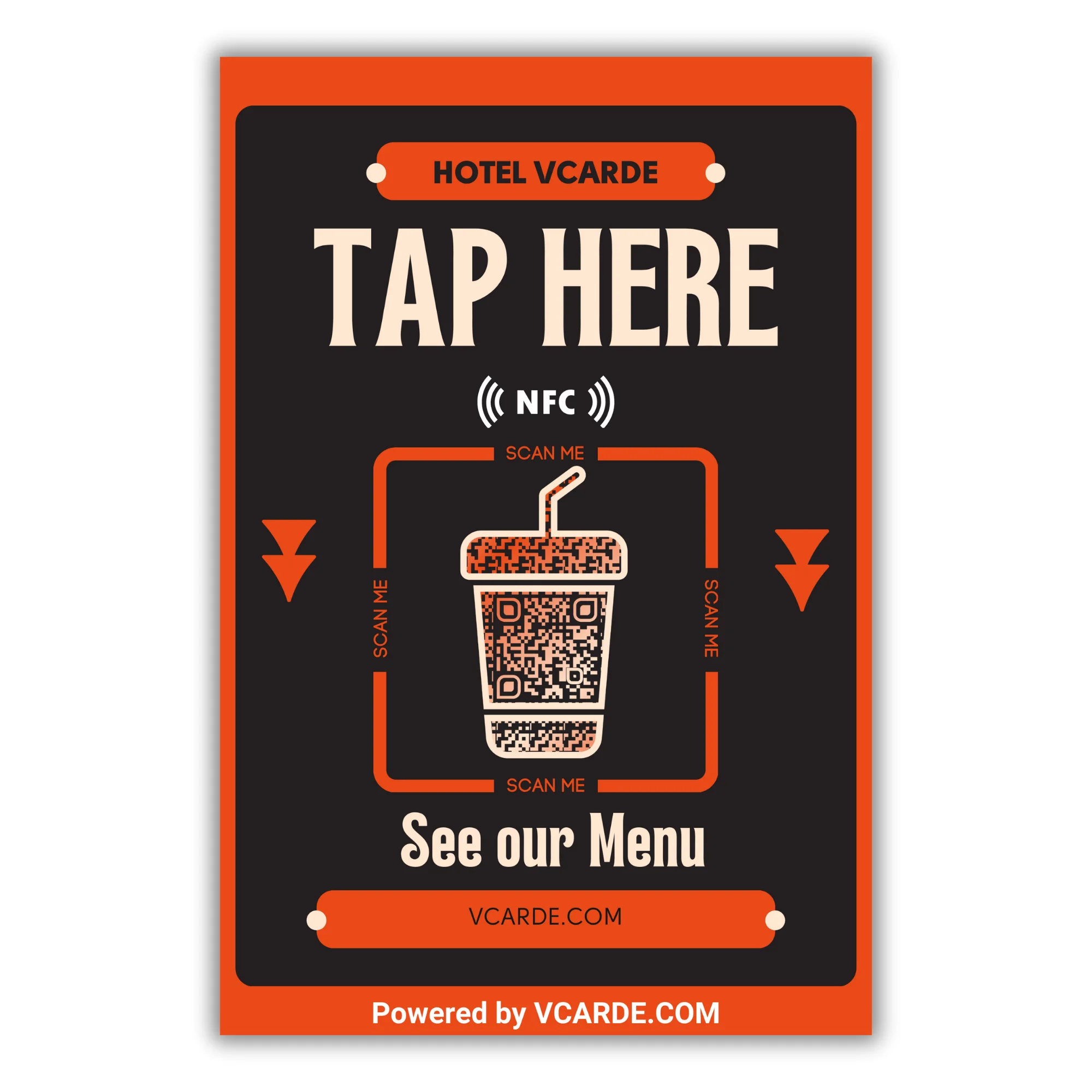Hotel VCarde menu QR code sign for NFC tapping and scanning the QR code to view the menu at vcarde.com.