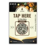Digital menu scan poster featuring a qr code, "tap here to view menu" text, vcarde branding, nfc symbol, and images of various indian dishes at the top.