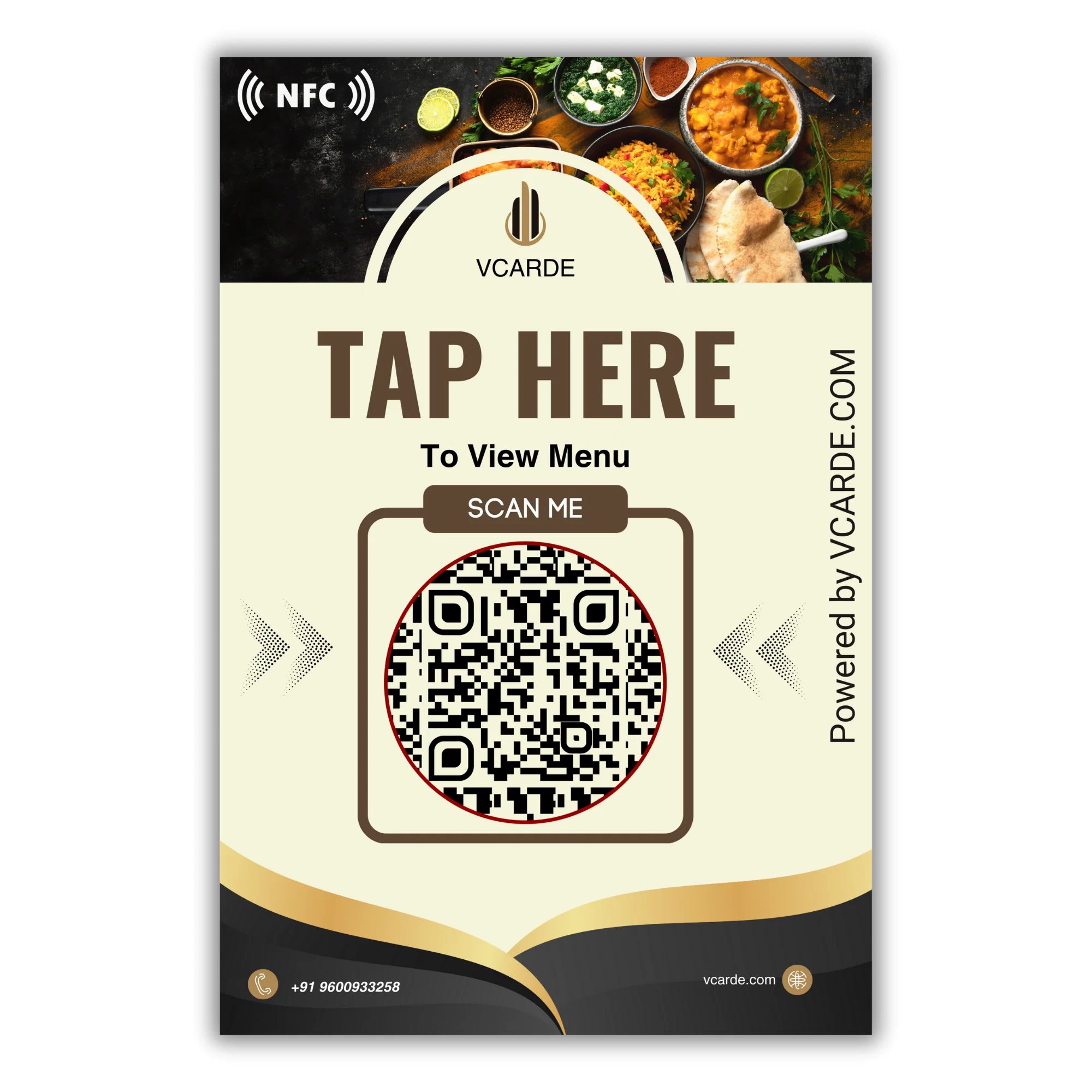 Digital menu scan poster featuring a QR code, "Tap Here to View Menu" text, VCARDE branding, NFC symbol, and images of various Indian dishes at the top.