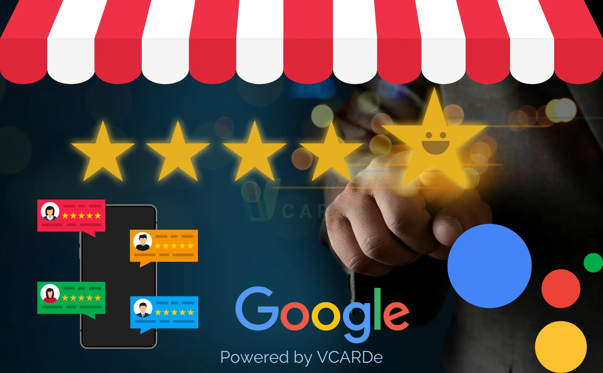 Nfc business cards. A hand touching glowing stars with a red and white awning above, surrounded by customer review icons and the google logo at the bottom with text "powered by vcarde".