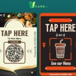 Two digital nfc menu cards with nfc and qr code scanning options to view the menu; both are powered by vcard. E. Com.