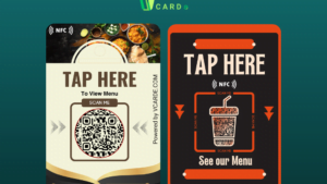 Two digital nfc menu cards with NFC and QR code scanning options to view the menu; both are powered by VCARD.E.COM.