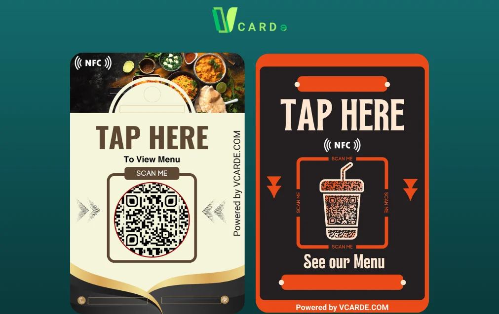 Two digital nfc menu cards with NFC and QR code scanning options to view the menu; both are powered by VCARD.E.COM.