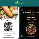 Two digital menu cards for hotels from vcarde with qr codes for viewing menus via nfc.