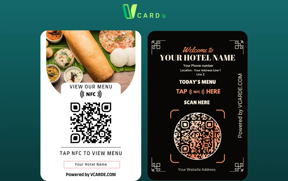 Two digital menu cards for hotels from vcarde with qr codes for viewing menus via nfc.
