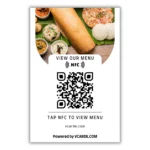 Flyer with an image of indian food, promoting viewing the menu via nfc. Includes a qr code and text "view our menu ((nfc)), tap nfc to view menu," with website link vcarde. Com and "powered by vcard. Com. "