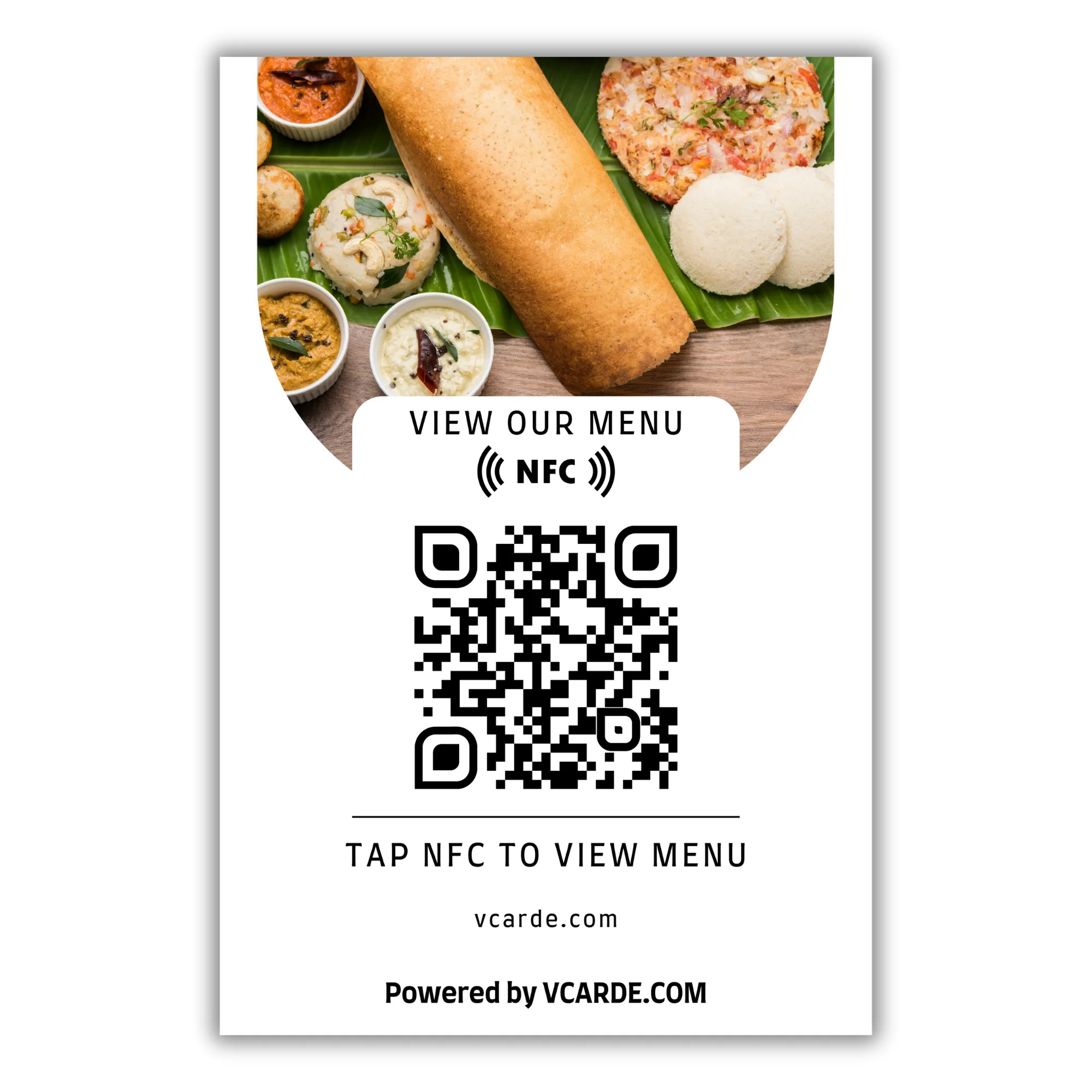 Flyer with an image of Indian food, promoting viewing the menu via NFC. Includes a QR code and text "View our menu ((NFC)), Tap NFC to view menu," with website link vcarde.com and "Powered by VCARD.COM."