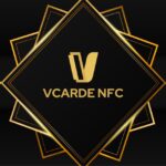 VCarde NFC logo with elegant gold print and design on a black background.