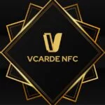 Vcarde nfc logo with elegant gold print and design on a black background.