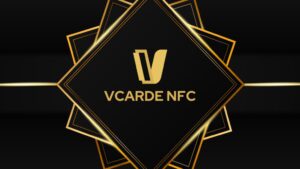 VCarde NFC logo with elegant gold print and design on a black background.