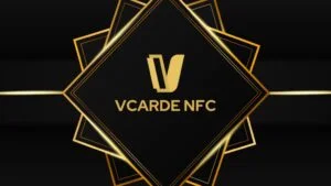 Vcarde nfc logo with elegant gold print and design on a black background.