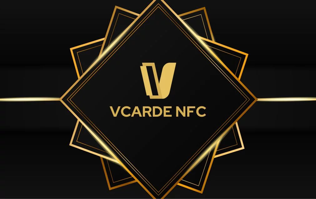 VCarde NFC logo with elegant gold print and design on a black background.